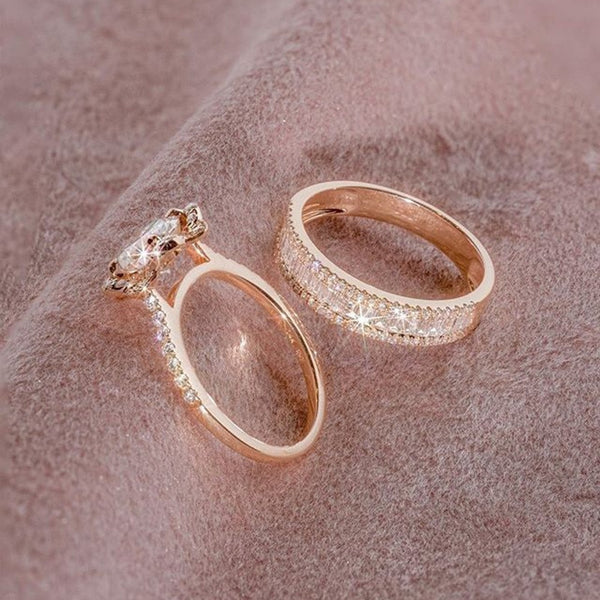 Silver Crystal Zircon Ring Set Vintage Rose Gold