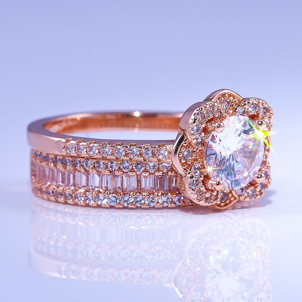 Silver Crystal Zircon Ring Set Vintage Rose Gold