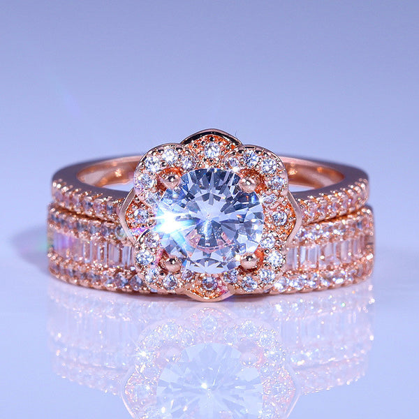 Silver Crystal Zircon Ring Set Vintage Rose Gold