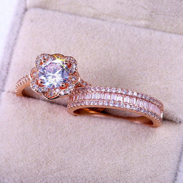 Silver Crystal Zircon Ring Set Vintage Rose Gold