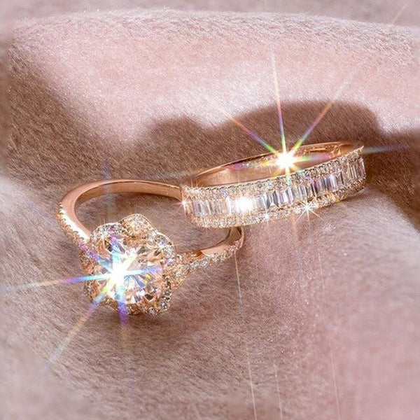 Silver Crystal Zircon Ring Set Vintage Rose Gold